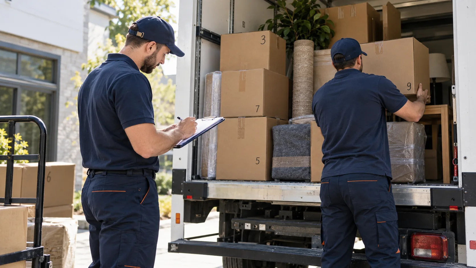 Movers checking a household inventory beside cartons in a truck