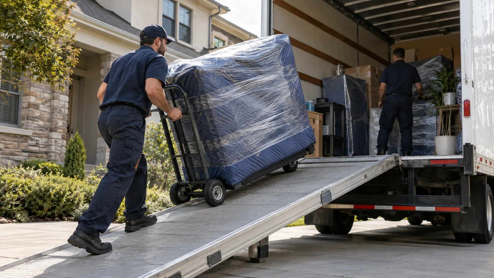 A mover guiding wrapped furniture up a truck loading ramp