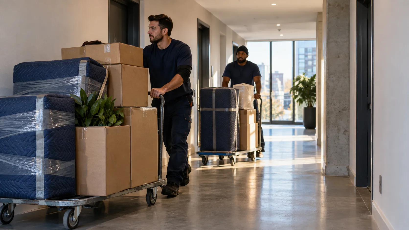 Movers pushing loaded carts along a modern condo corridor