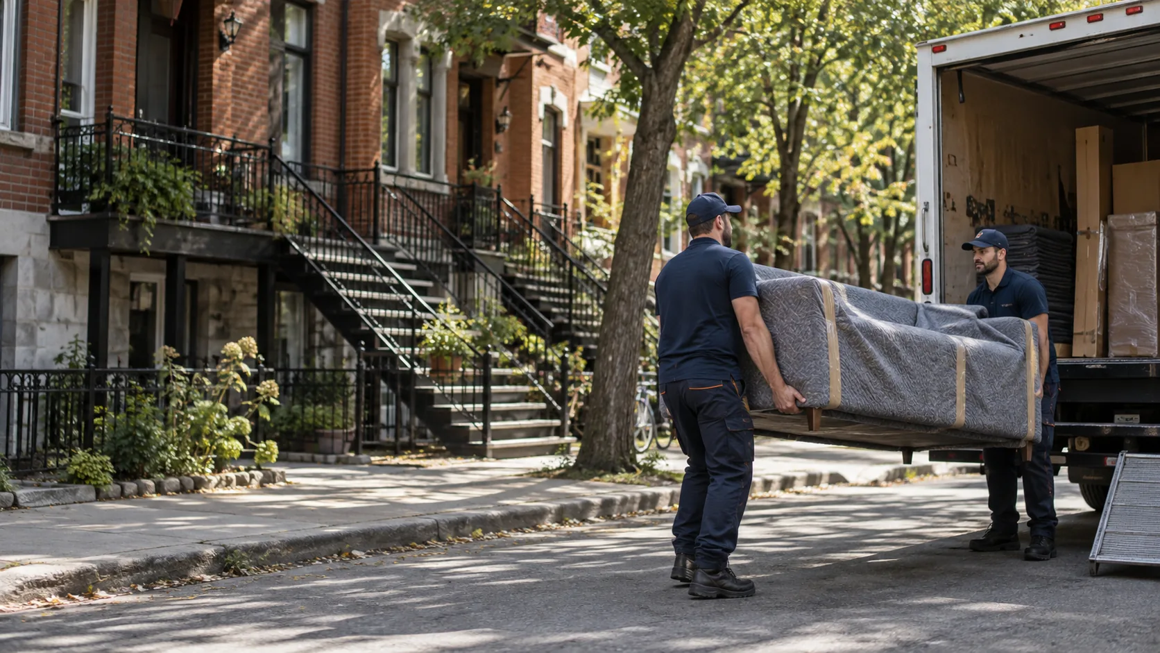 Movers carrying a protected sofa toward a truck on a residential street
