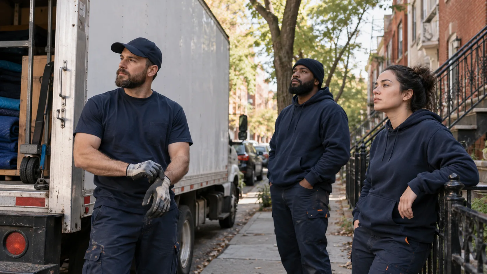 Three people in navy workwear standing naturally beside a truck