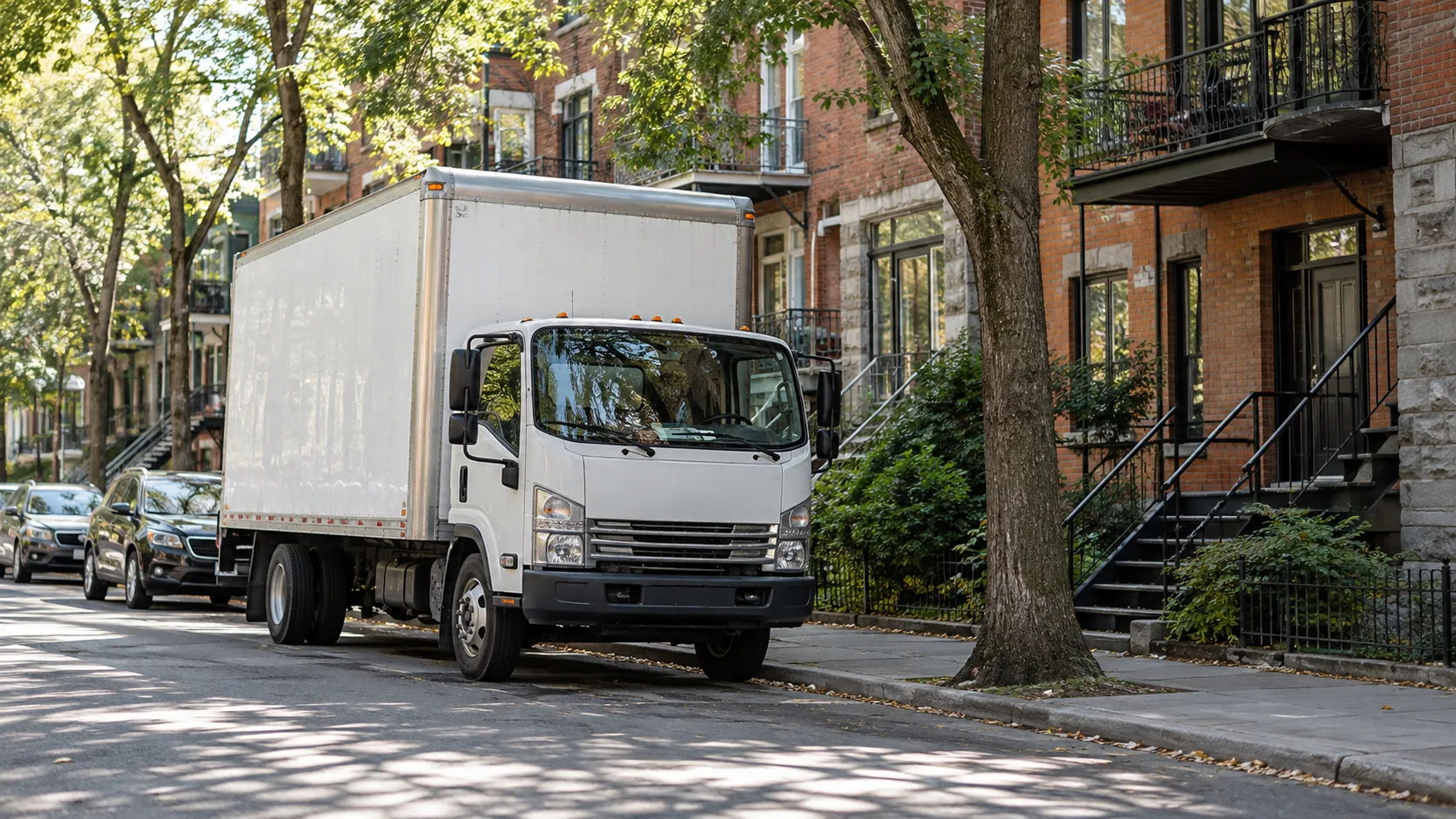 A white moving truck parked beside Montreal brick residences