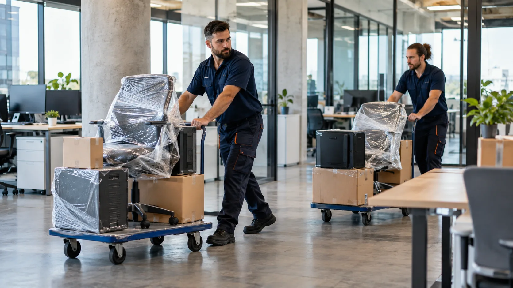 Movers transporting protected office equipment on carts
