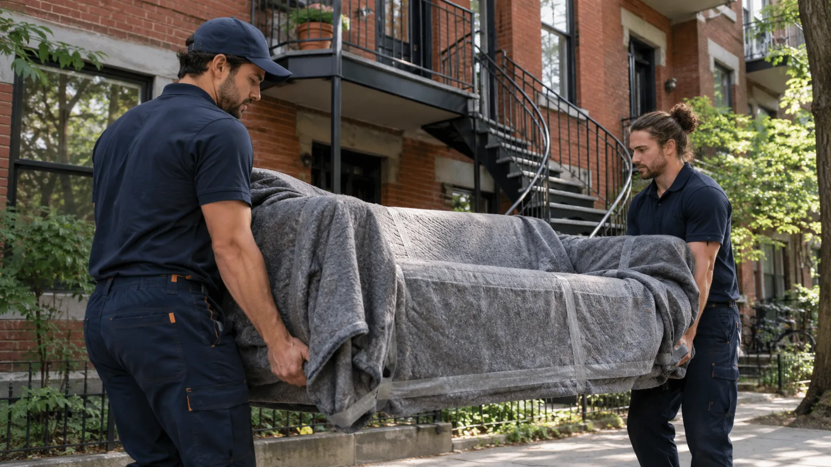 Two movers carrying a blanket-wrapped sofa beside brick triplex stairs