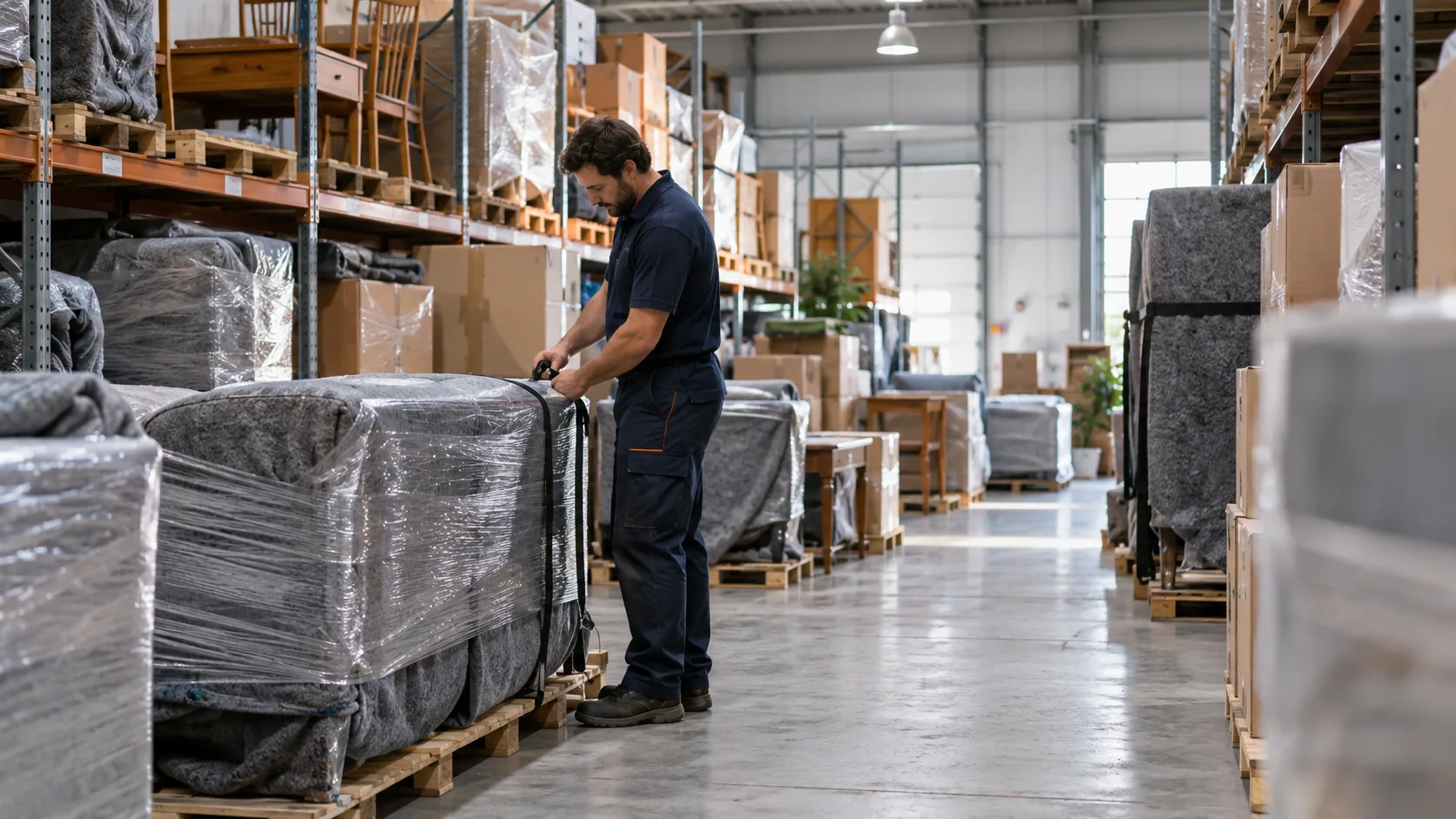 Wrapped furniture arranged in a clean warehouse aisle