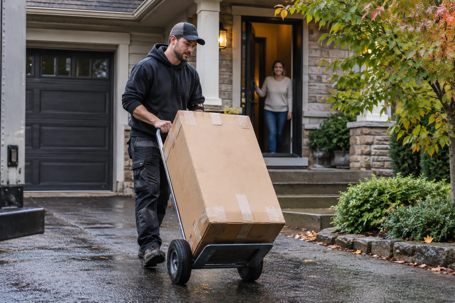 A mover transporting a carton with a hand truck outside a home