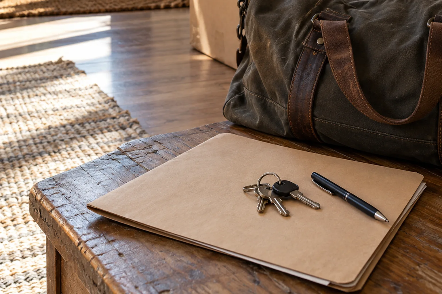 A document folder, keys and overnight bag beside moving cartons