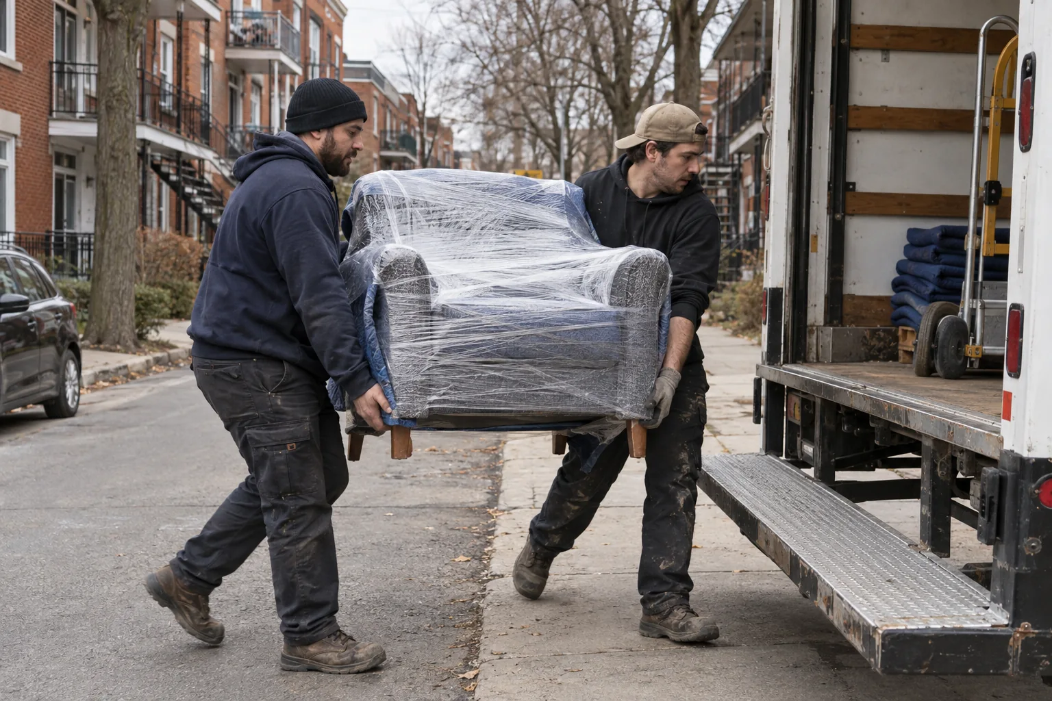 Movers carrying a wrapped armchair toward a truck on a residential street
