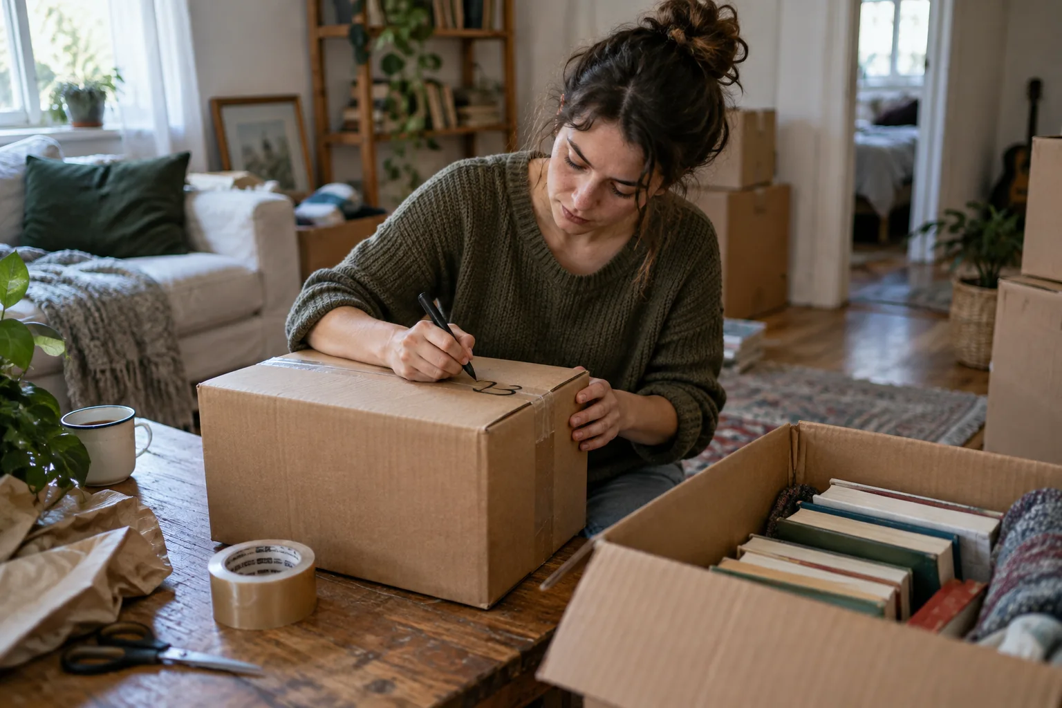 A woman marking a moving carton beside packed books