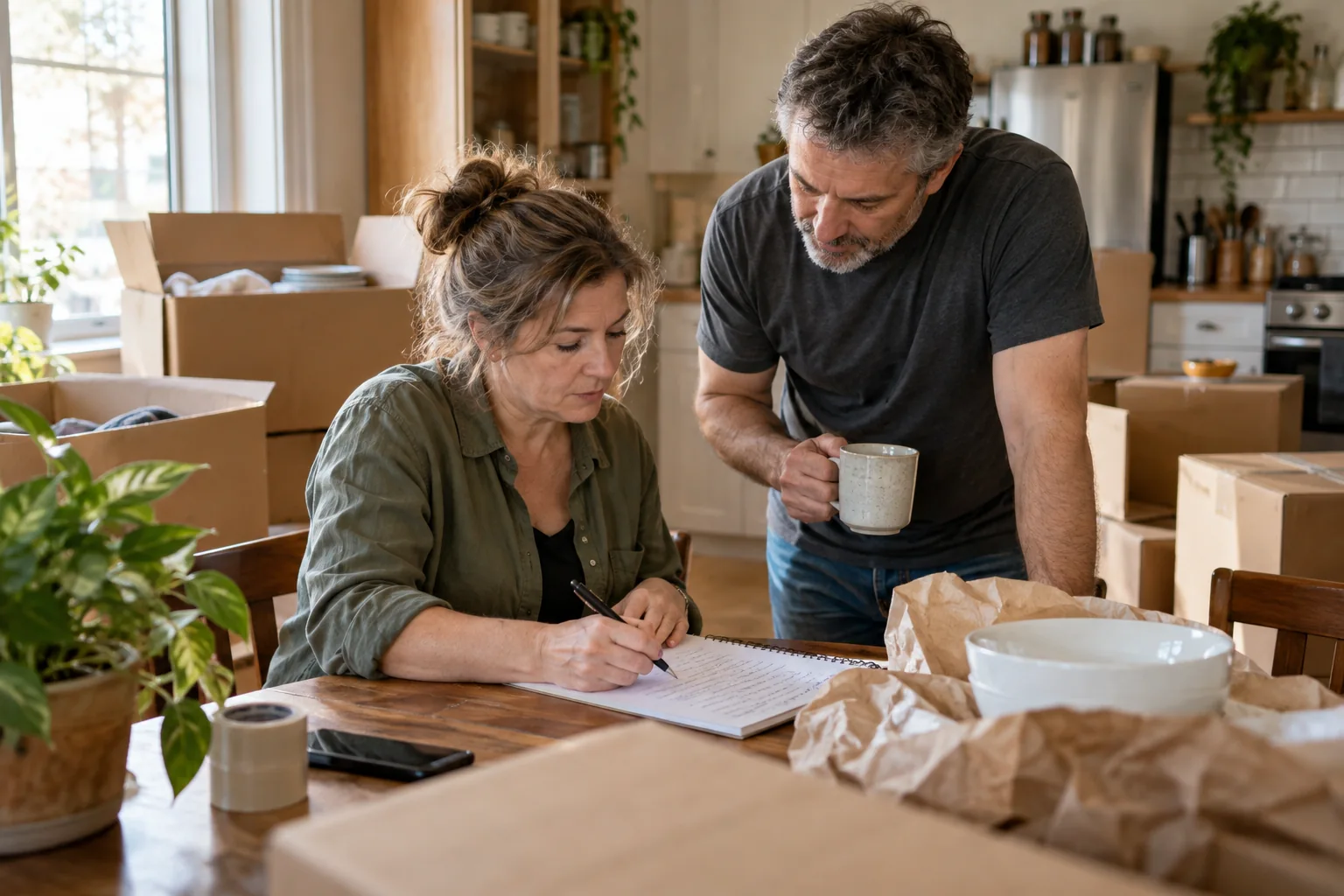 A couple preparing their moving inventory at a kitchen table