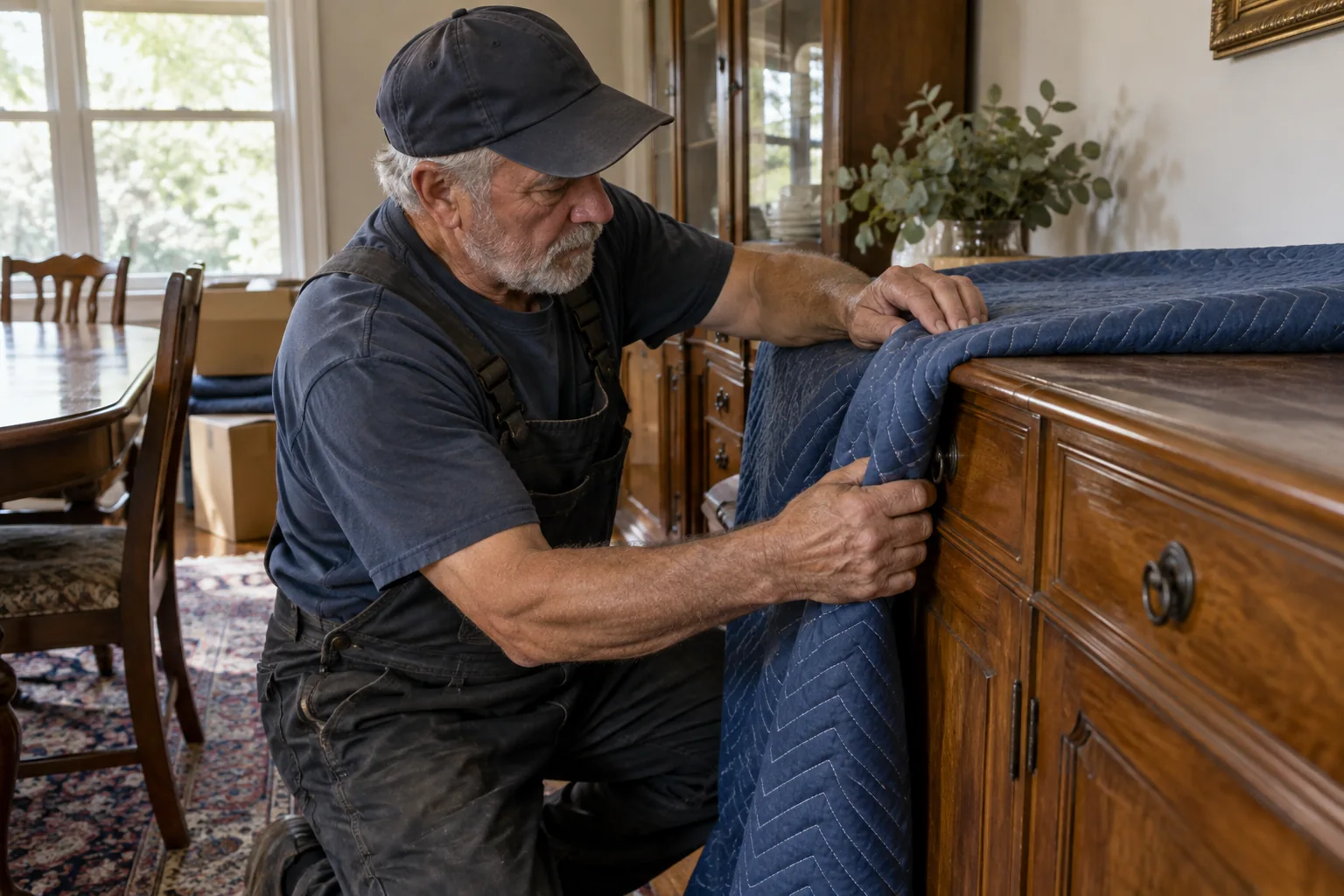A mover covering a wooden sideboard with a protective blanket