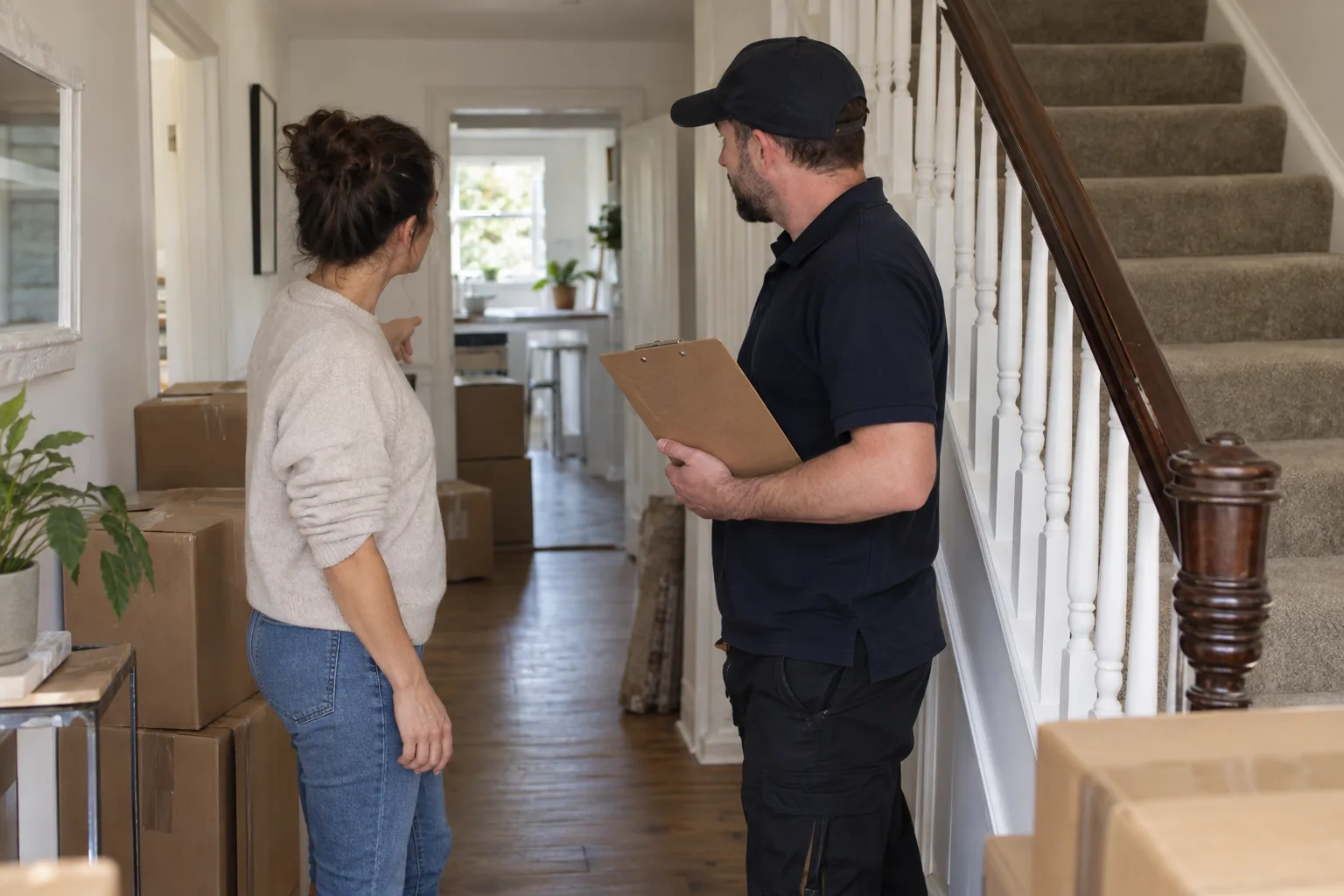 A homeowner and moving coordinator reviewing access in a hallway