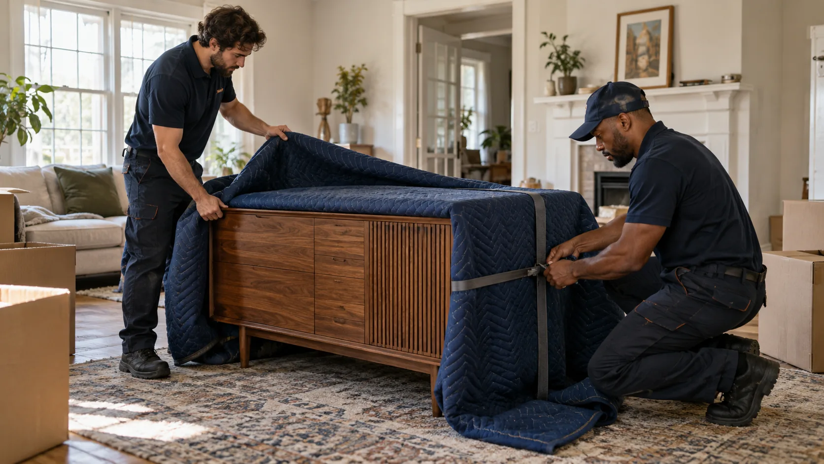 Movers securing protective blankets around a wooden cabinet