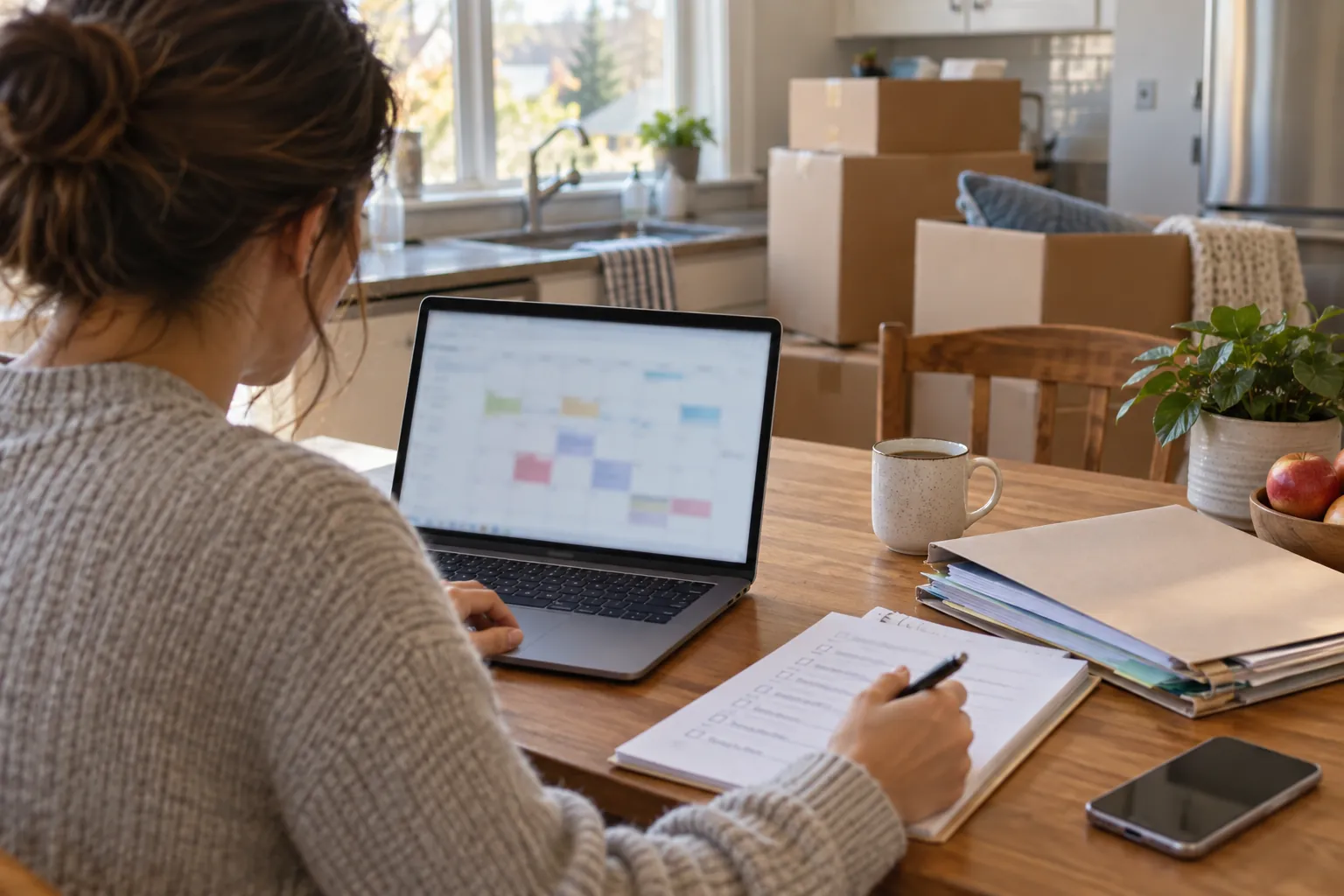 Person reviewing a moving calendar beside a planning folder