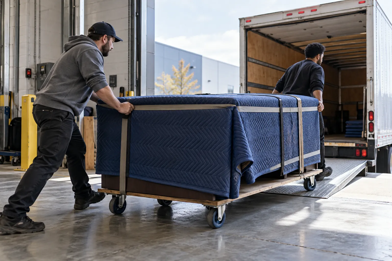 Protected office furniture passing through a commercial loading dock