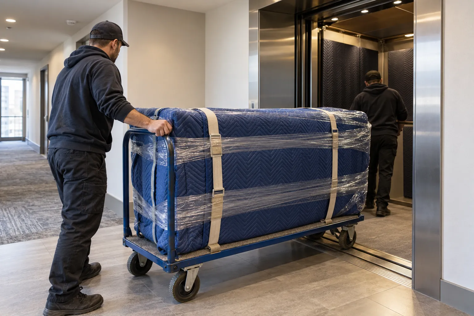 Protected furniture cart near a condo service elevator
