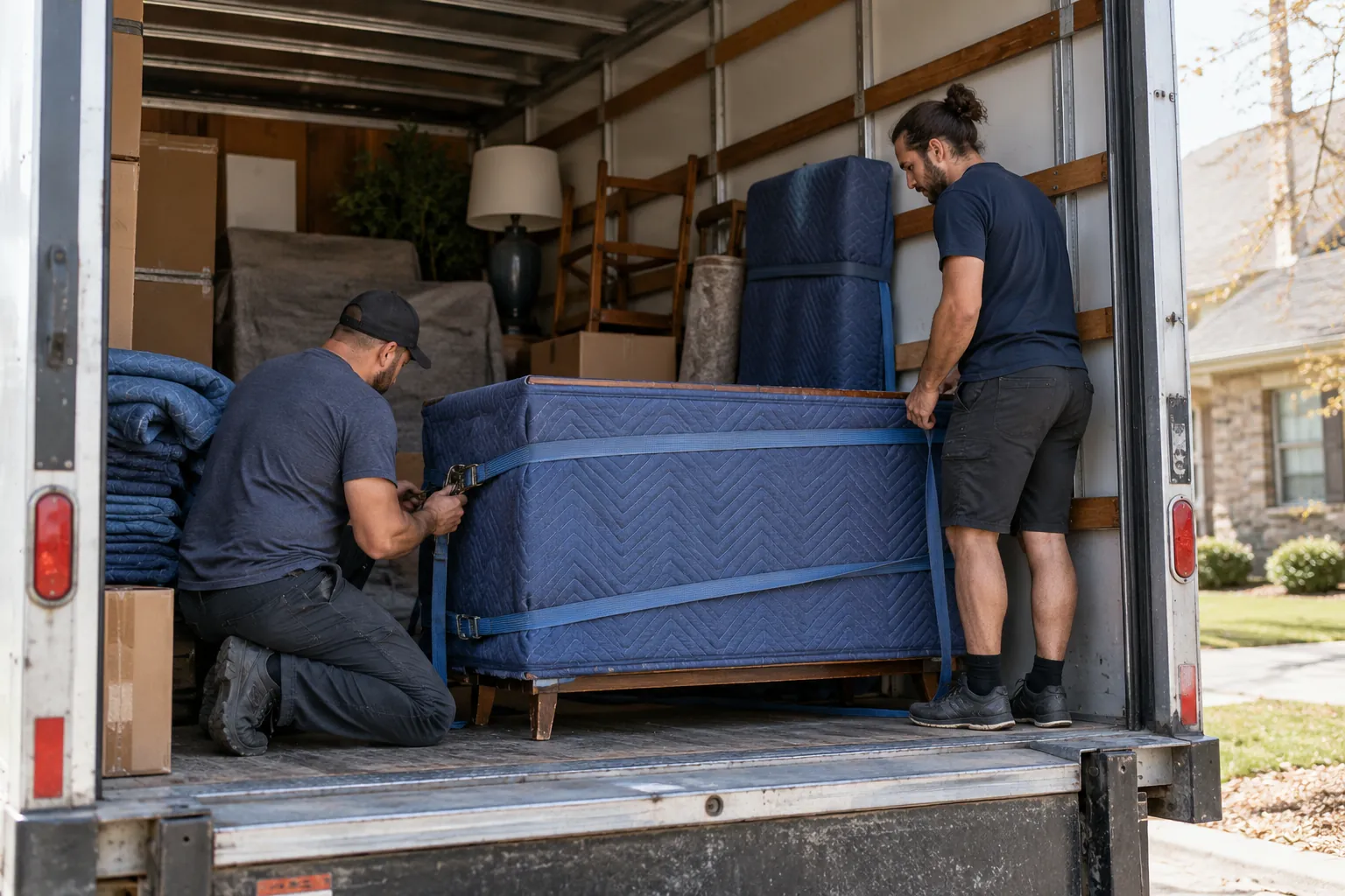 Protected furniture secured inside a truck before departure