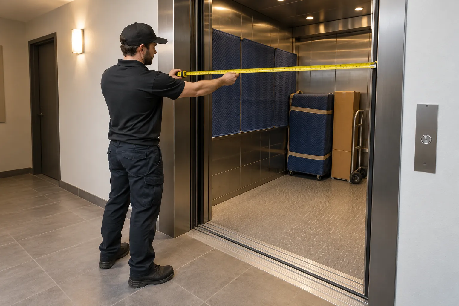 Service elevator door opening measured before a move
