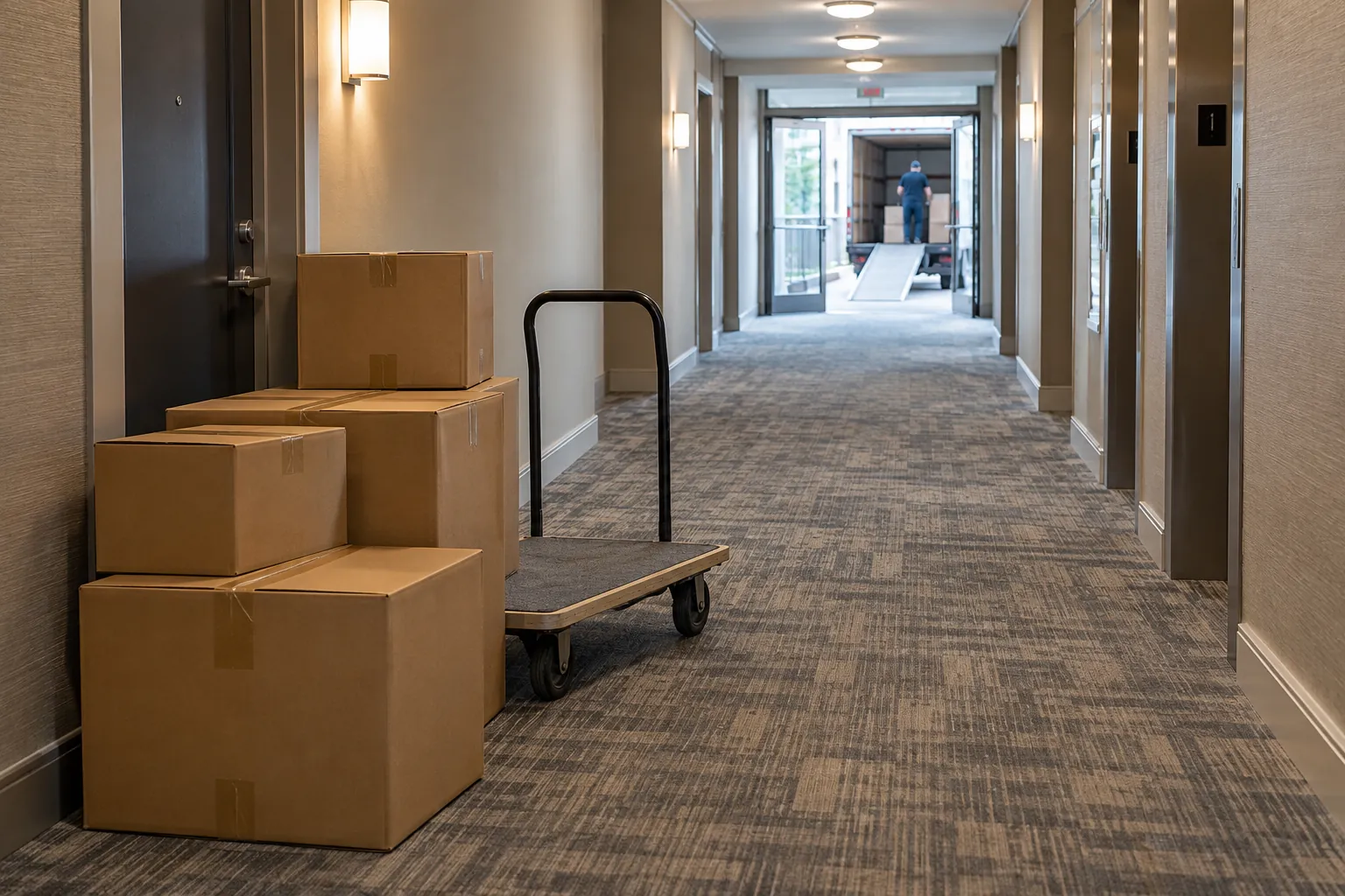 Long condo corridor illustrating the carry path to the suite