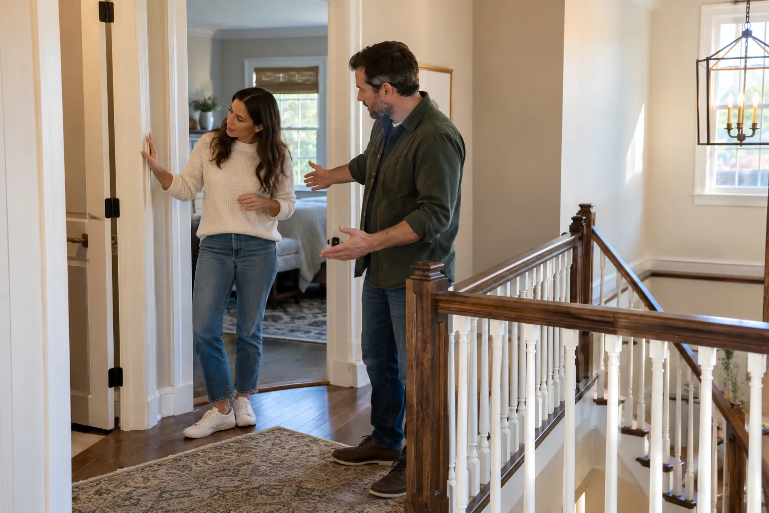 Customer checking furniture access with a coordinator at a landing