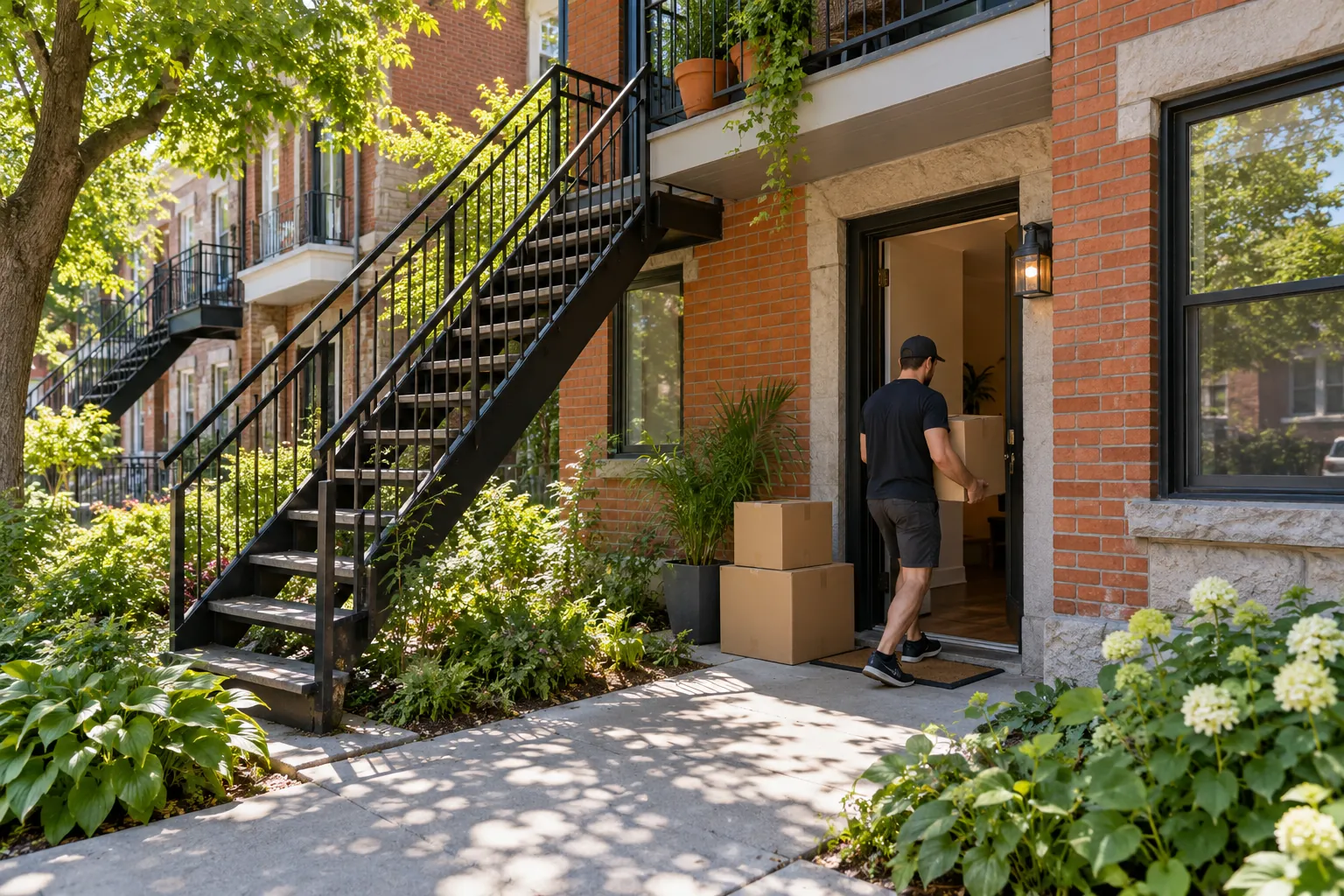 Organised summer household move at a Montreal triplex entrance