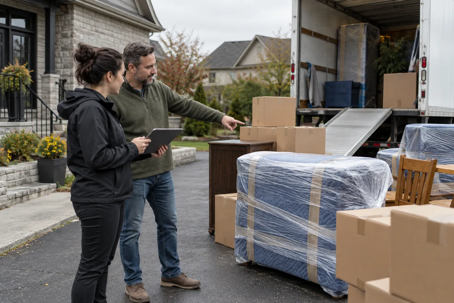 Household inventory assessment beside a truck before a longer move