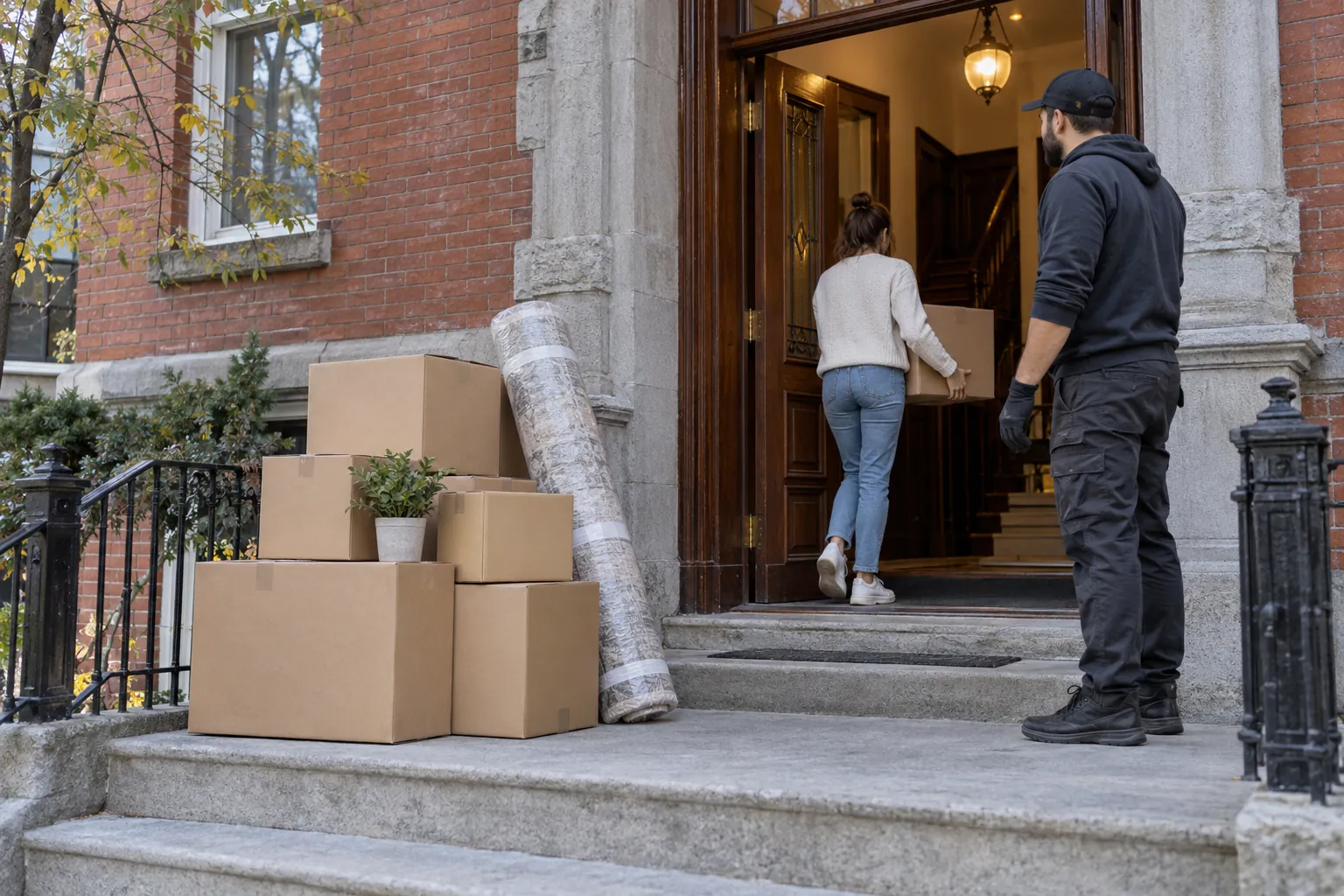 Moving cartons at an older Quebec City brick apartment entrance