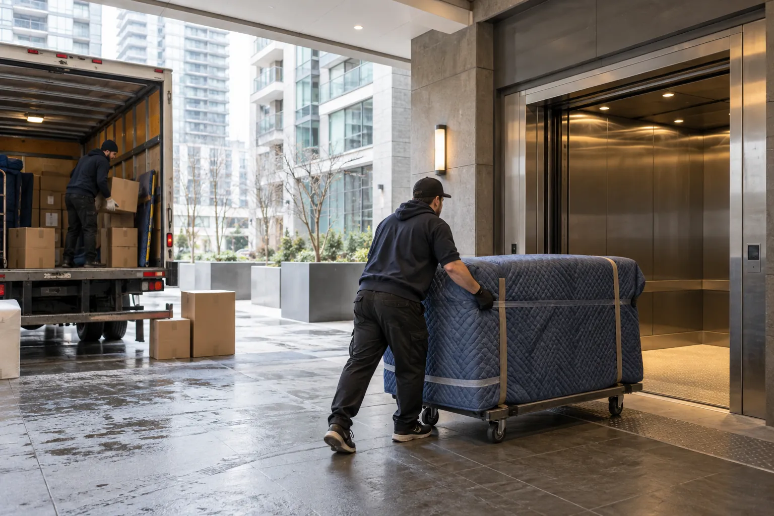 Household delivery at a contemporary Toronto condo loading dock