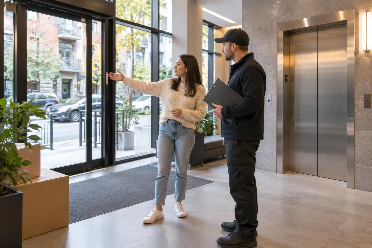 Customer and moving coordinator discussing apartment access