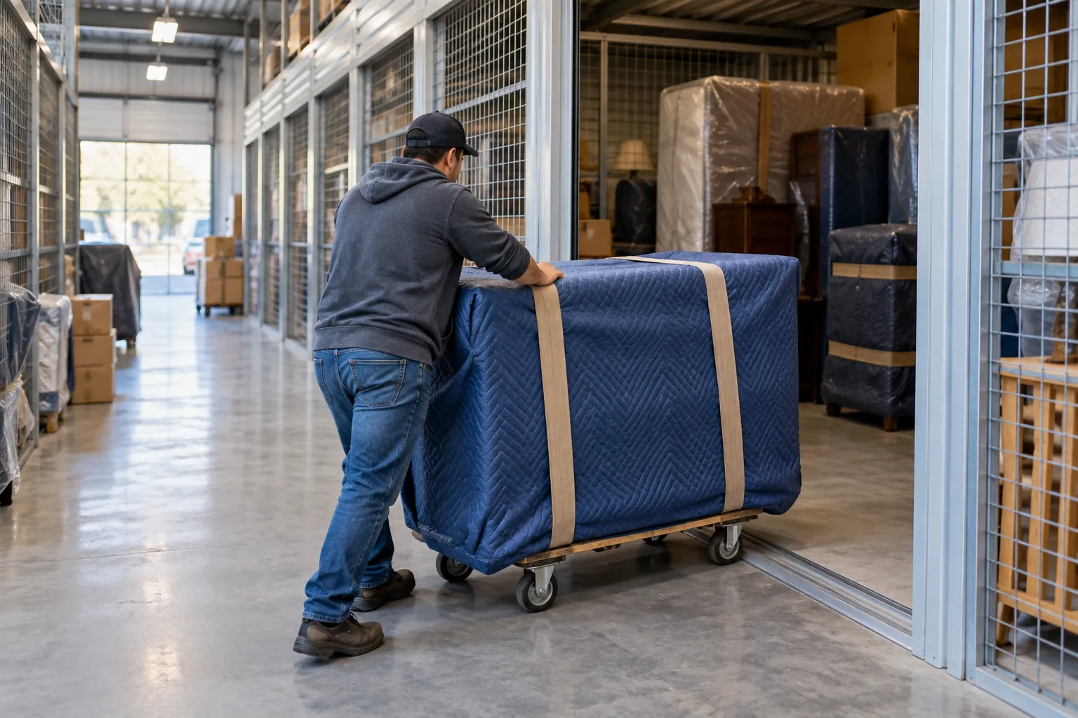Wrapped dresser being received in an organised storage bay