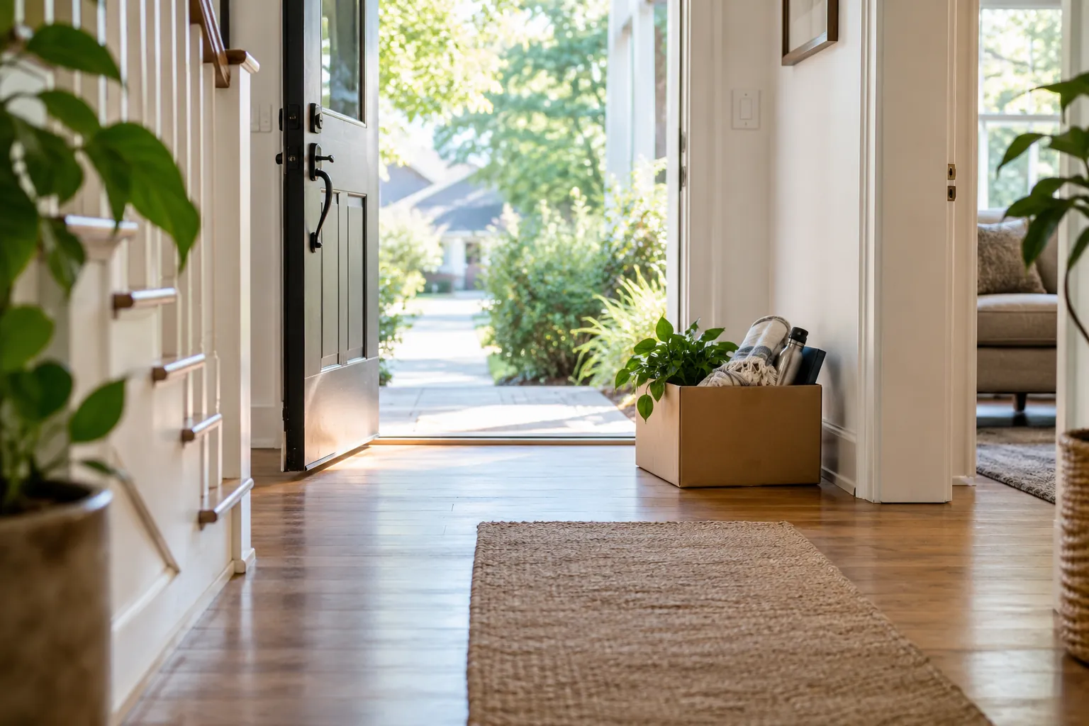 Clear carry path and first-night essentials near an apartment doorway