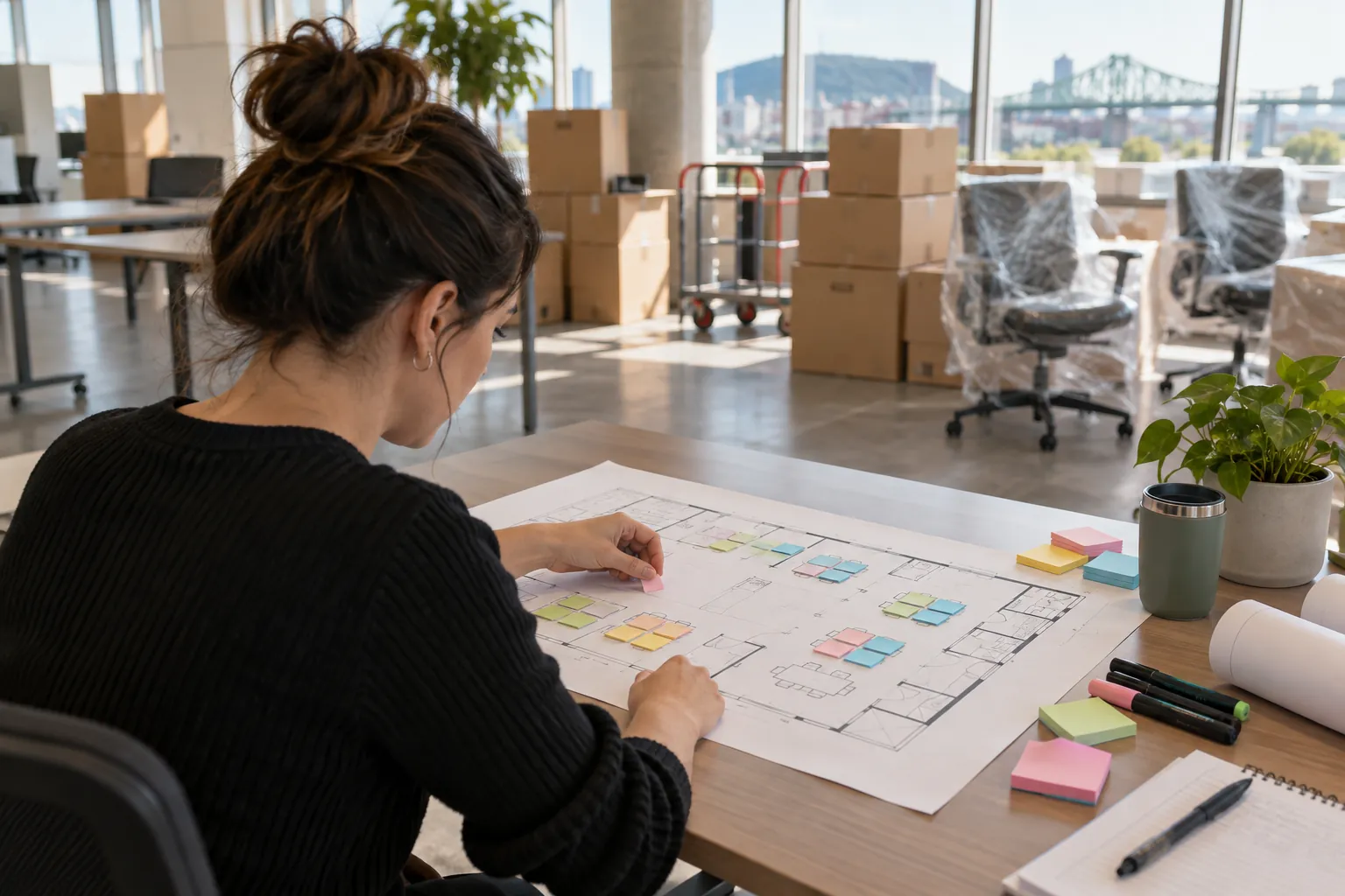 Office coordinator preparing a destination layout before desks are packed