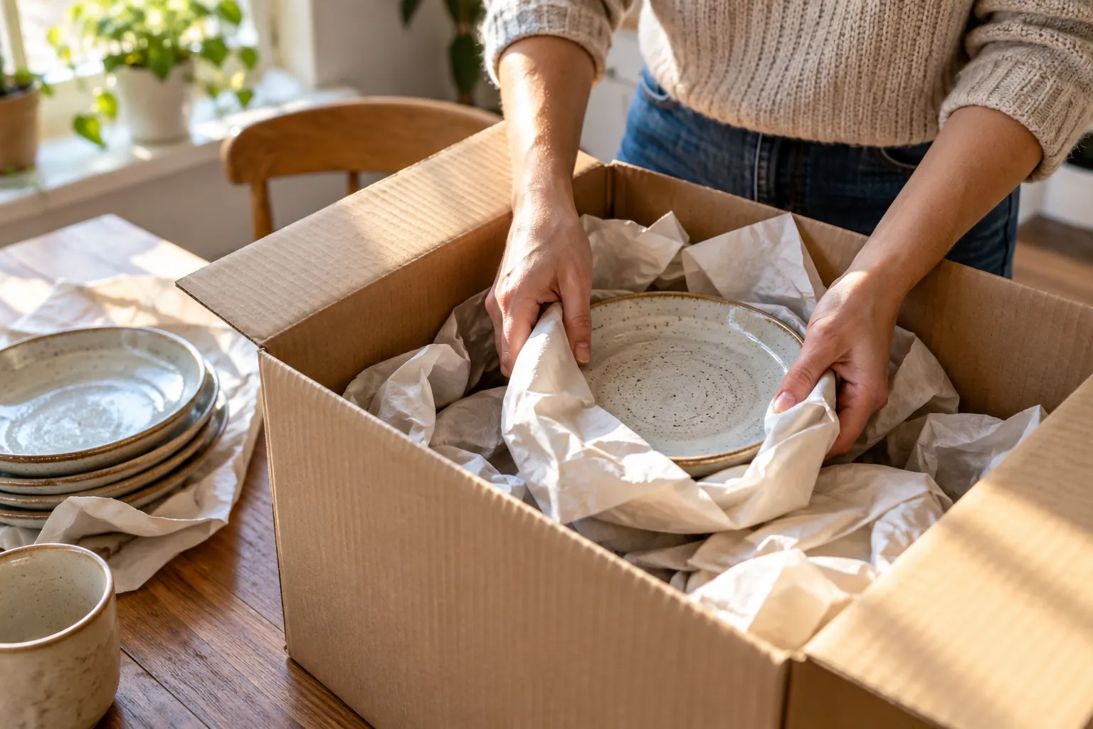 Ceramic dishes individually cushioned in a moving carton