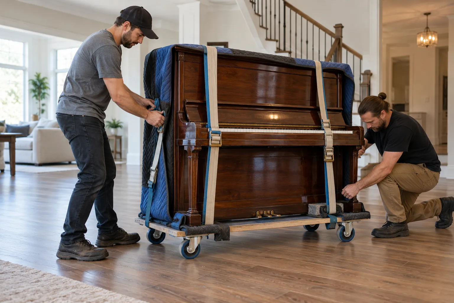 Upright piano secured on a suitable moving dolly in a clear room