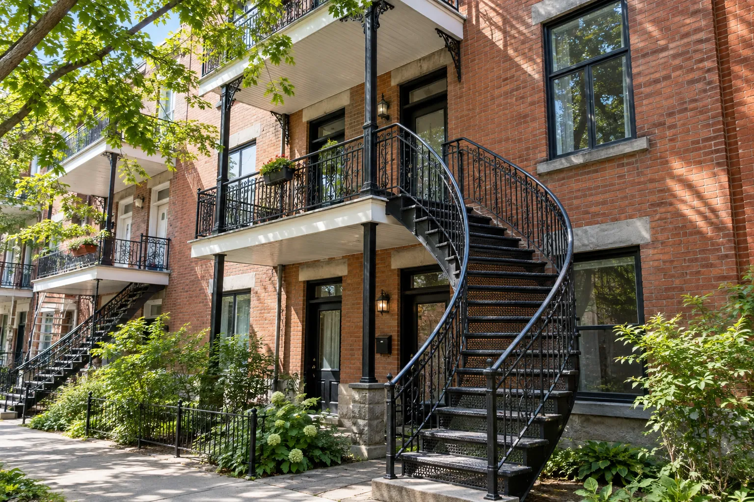 Montreal exterior spiral staircase showing landing and railing clearances
