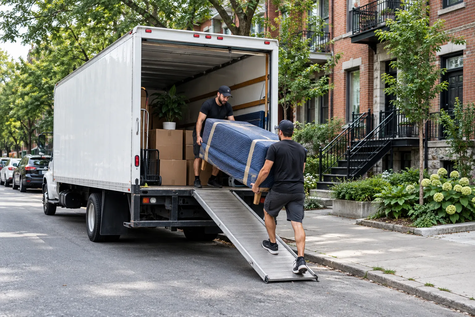 Moving truck positioned beside Montreal residences with a clear sidewalk
