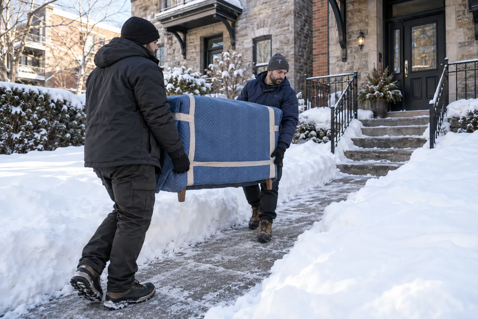 Protected furniture carried along a cleared snowy residential path